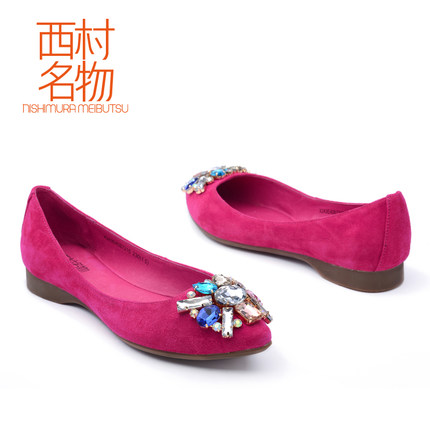 西村名物 秋季新款 羊皮浅口平底单鞋40872尖头水钻平跟女鞋