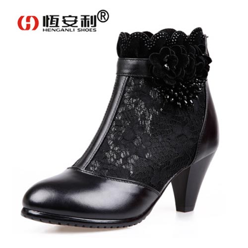 恒安利春秋夏季新款黑色舒适牛皮网靴镂空方跟中筒靴女靴女凉鞋