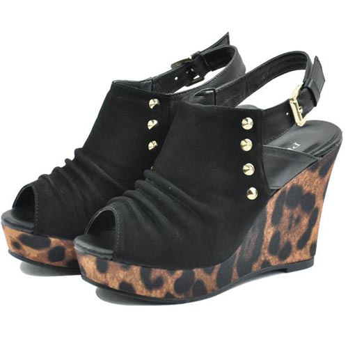 普莱褡春夏款真皮高跟女鞋鱼嘴坡跟厚底凉鞋