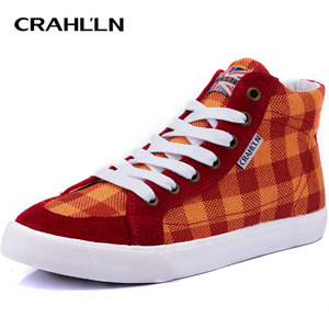 卡翰春夏高帮格纹帆布鞋 年轻靓女时尚板鞋 圆头系带平底流行女鞋