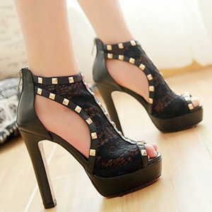阿么头层羊皮唯美蕾丝时尚铆钉性感鱼嘴舒适粗高跟凉鞋