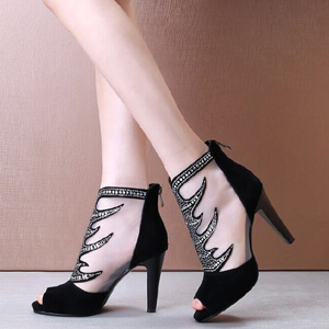 贝蒂佩琪2015春夏新款水钻鱼嘴凉鞋 磨砂羊皮透气网纱粗跟高跟鞋