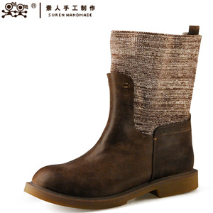 素人手工 时尚经典百搭拼接女中筒骑士靴 真皮正品