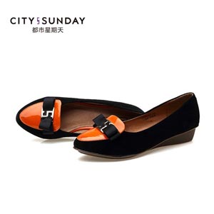 都市星期天2014秋季休闲套脚女单鞋 羊皮真皮坡跟中跟圆头女鞋子