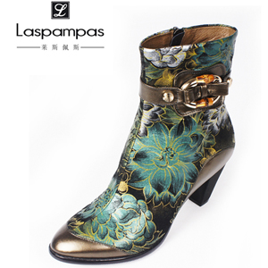 莱斯佩斯专柜正品花皮尖头真皮粗跟高跟马丁靴保暖特价休闲女短靴