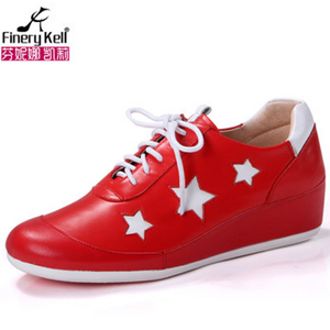 FK2015春款时尚深口坡跟运动休闲鞋星星拼色粗跟真皮旅游驾车女鞋