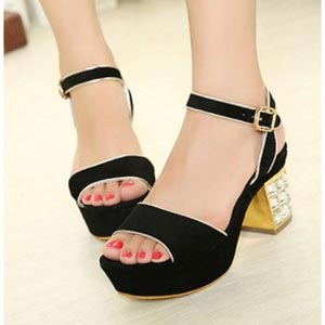 MIU缪新款女鞋 水晶钻高跟粗跟防水台 厚底磨砂皮水钻凉鞋