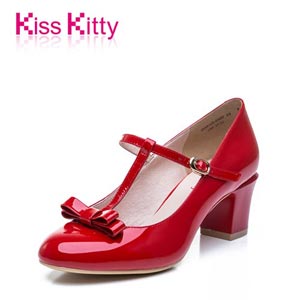 Kiss Kitty甜美淑女单鞋2015春季新款真皮粗跟女鞋圆头高跟休闲鞋