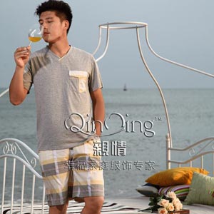 亲情针织纯棉V领套头短袖短裤男士睡衣套装家居服