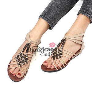 千姿草 甜美手工编织逛街必备低跟交叉带麻编罗马风格金典款凉鞋