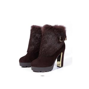 比媚 2013秋冬季新款磨砂羊皮 短毛绒内里兔毛女短靴粗跟超高跟女靴