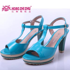 红蜘蛛鱼嘴鞋真皮凉鞋超高跟粗跟时尚软面韩版女鞋扣带