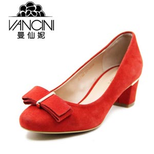 VANCINI曼仙妮羊猄皮蝴蝶结中跟尖头低帮女单鞋