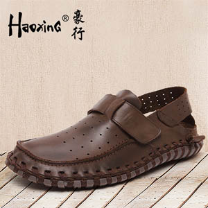 豪行夏季韩版男凉鞋手工真皮休闲皮鞋透气洞洞单鞋潮沙滩男士鞋子