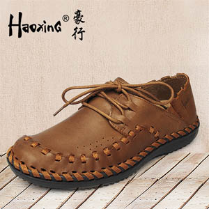豪行春夏男士休闲鞋新品透气男鞋真皮豆豆鞋英伦系带潮鞋牛皮鞋子