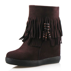 豪行冬季短靴韩版复古流苏靴坡跟毛毛靴内增高棉鞋厚底女靴子