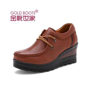 厚底松糕鞋坡跟单鞋圆头休闲妈妈鞋头层牛皮正品中跟女鞋