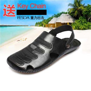 FESDA 手工缝制牛真皮凉拖鞋男士 潮凉鞋