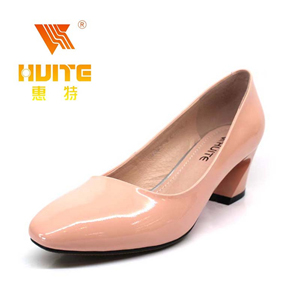 惠特头层牛皮中跟女单鞋春季圆头欧美时尚漆皮粗中跟职业女鞋