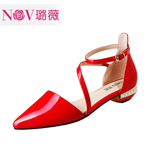 璐薇2015夏季新款性感尖头凉鞋女夏漆皮低跟中空包头舒适粗跟欧美