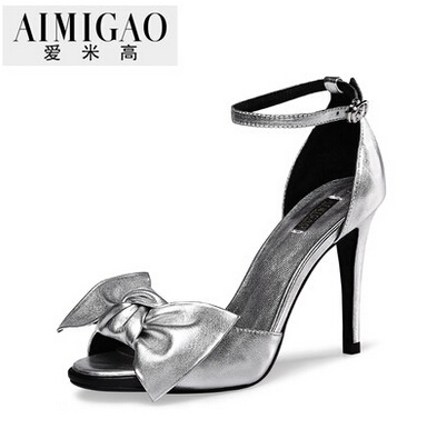 AIMIGAO爱米高春夏新品 细跟鱼嘴凉鞋女真皮蝴蝶结性感高跟鞋