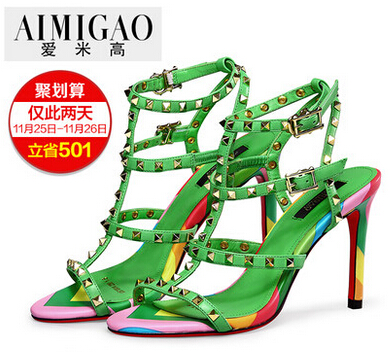 AIMIGAO爱米高春夏特惠 性感铆钉一字扣罗马鞋真皮细高跟凉鞋女