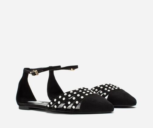 珠饰尖头踝带平底鞋