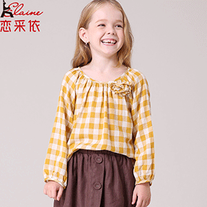 童装女童2017春秋装新款韩版儿童后背扣宽松泡泡袖格子衬衫