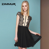 ZIMMUR2014夏装新款睫毛蕾丝拼接圆领短袖双层摆连