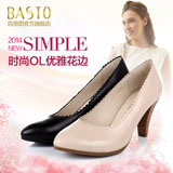 百思图粗高跟简约羊皮真皮女单鞋