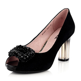 百丽玫红羊绒女单鞋