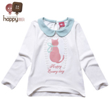 海贝纯棉翻领圆领小猫蕾丝长袖T恤