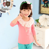 海贝蕾丝衣领长袖纯棉T恤