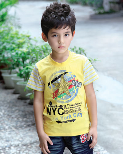 黄色条纹印花短袖T恤