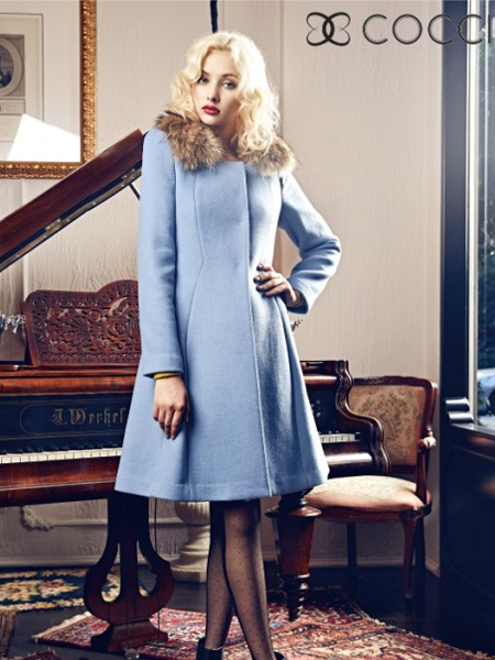 可姿.伊时尚女装蓝色毛呢大衣秋冬新款