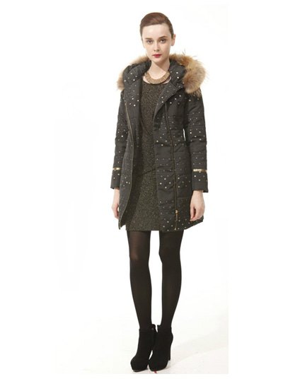 missk黑色斑点毛领秋冬季长款羽绒服新款上市