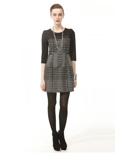 missk黑色拼接泡泡袖秋冬内搭连衣裙新款上市