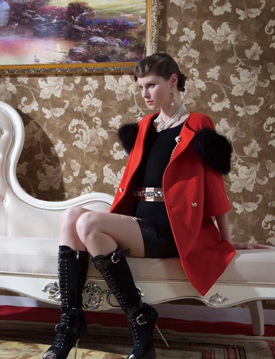 PAGE ONE橙红色毛领系扣毛呢大衣新款上市