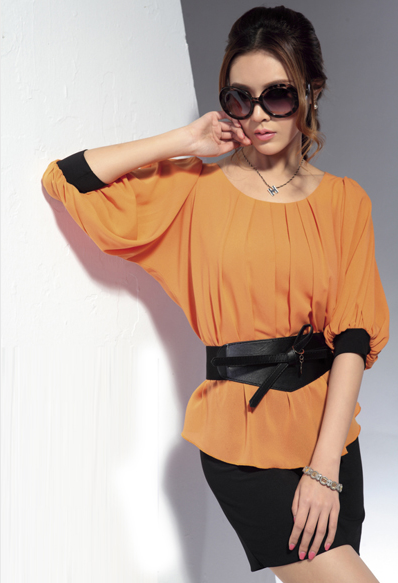 丹妮丽人2013年橘色灯笼袖5分袖上衣