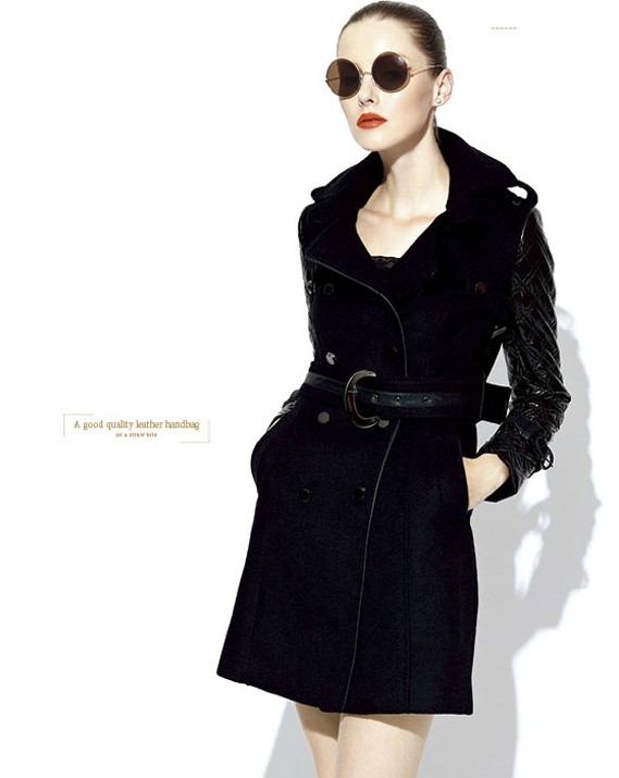 弗卡时尚女装黑色双排扣束腰呢大衣新款上市