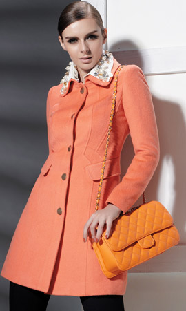 卡特丽时尚女装橙色系扣长款秋冬呢大衣新款上