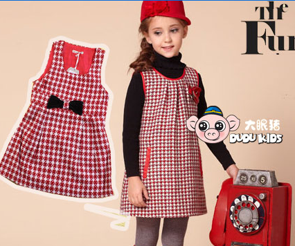 大眼猪秋冬新款红色格子背心连衣裙