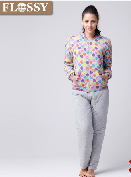 弗劳思 女士可爱笑脸冬季纯棉睡衣女款加厚 长袖