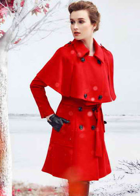 丝佛卡大红色圣诞色双排扣女士呢大衣新款上市