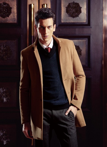 爱迪丹顿棕色系扣长款呢大衣男装新款上市