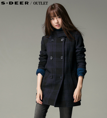 圣迪奥sdeer女装冬装双排扣格纹带帽修身毛呢大衣