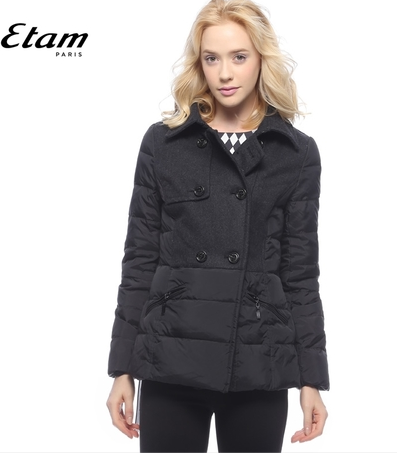 艾格 Etam 毛呢拼接翻领双排扣羽绒服