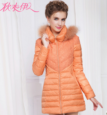 秋水伊人2013冬装新款气质韩版貉子毛领蕾丝拼接