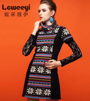 lcweeyi 2013秋冬新品 欧美针织印花拼接短袖堆堆领
