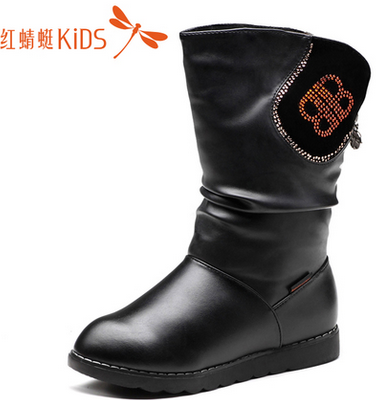 红蜻蜓童鞋 女童中童时尚水钻儿童皮靴童靴棉靴